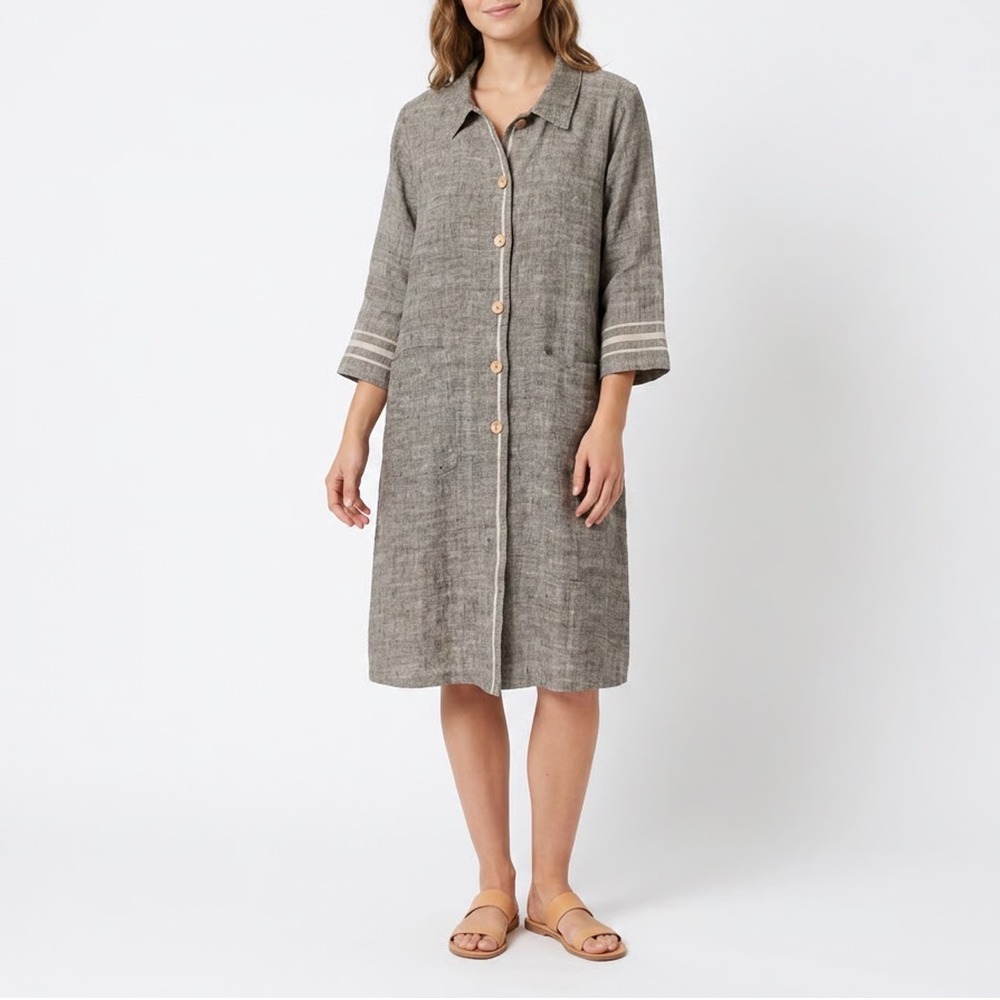 Namsar Grey 100% Linen Button Front Duster Shirt Dress Stripe Detail S/M India